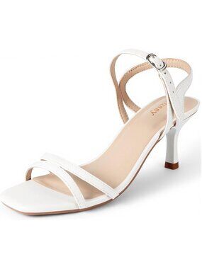 Women's White Kitten Heels Square Open Toe Ankle Stylish Strappy Heeled Sandals
